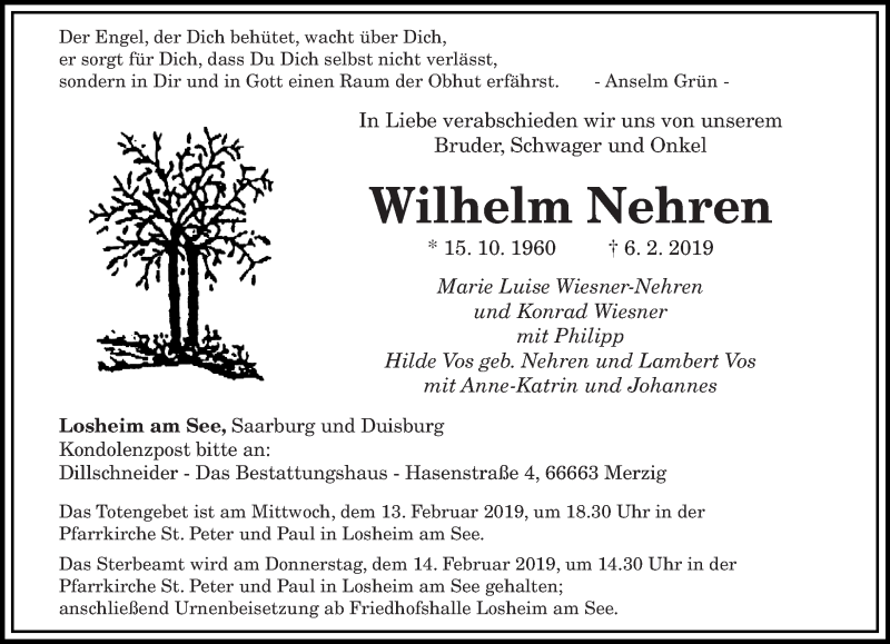  Traueranzeige für Wilhelm Nehren vom 11.02.2019 aus saarbruecker_zeitung