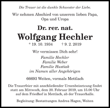 Traueranzeige von Wolfgang Hechler von saarbruecker_zeitung