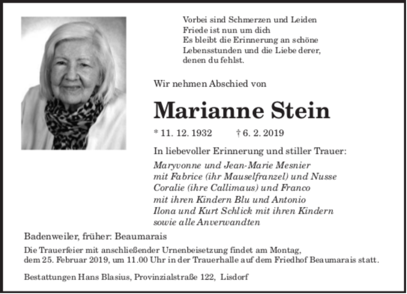  Traueranzeige für Marianne Stein vom 19.02.2019 aus SAARBRUECKER_ZEITUNG