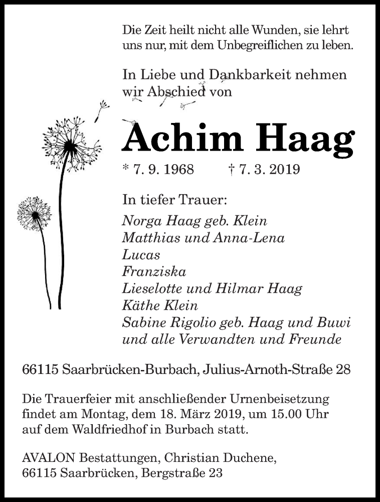  Traueranzeige für Achim Haag vom 13.03.2019 aus saarbruecker_zeitung