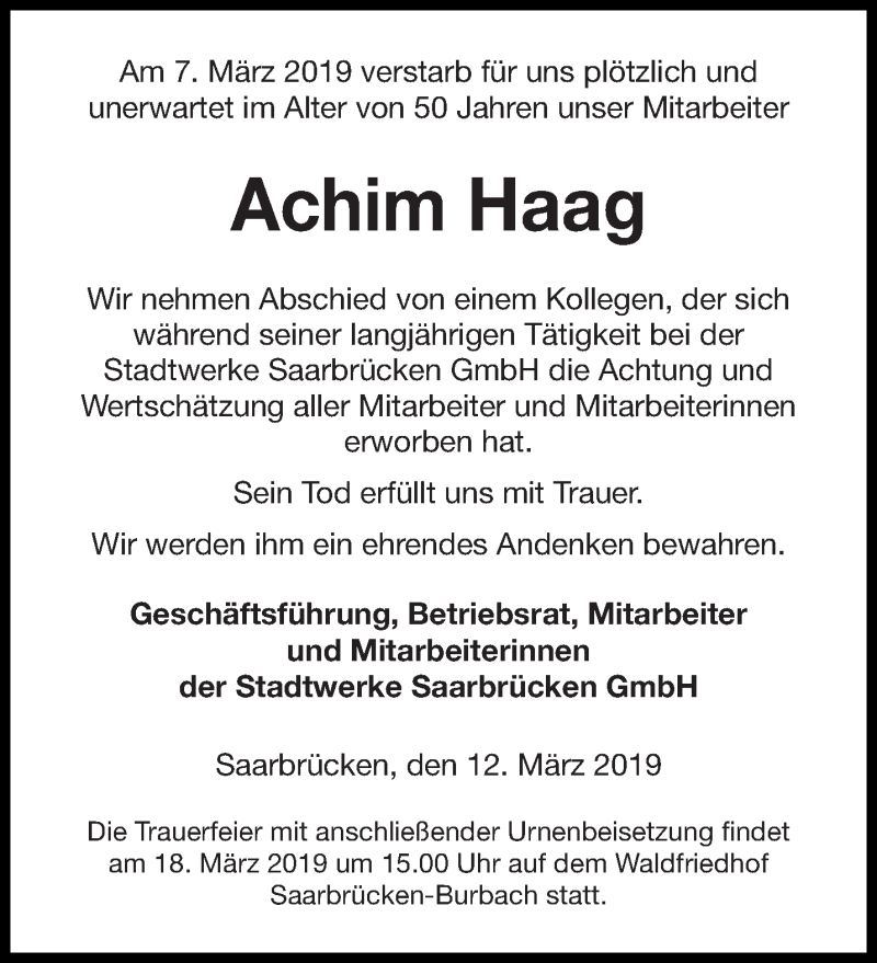  Traueranzeige für Achim Haag vom 16.03.2019 aus saarbruecker_zeitung