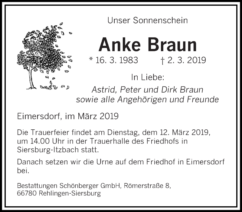 Traueranzeige für Anke Braun vom 09.03.2019 aus saarbruecker_zeitung