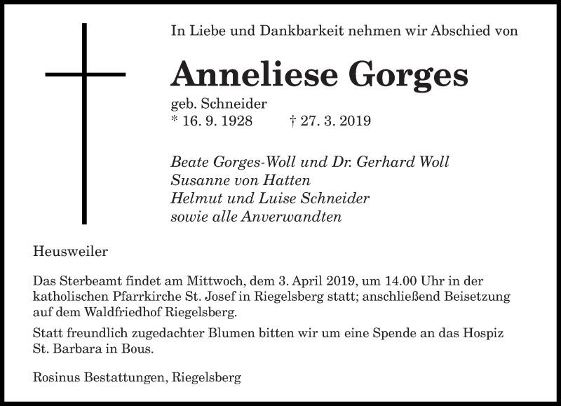  Traueranzeige für Anneliese Gorges vom 30.03.2019 aus saarbruecker_zeitung