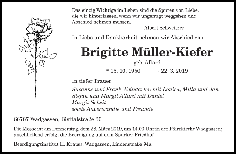  Traueranzeige für Brigitte Müller-Kiefer vom 26.03.2019 aus saarbruecker_zeitung