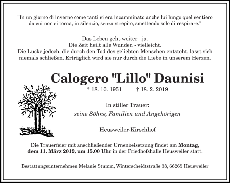  Traueranzeige für Calogero Daunisi vom 09.03.2019 aus saarbruecker_zeitung