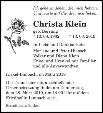 Traueranzeige von Christa Klein von saarbruecker_zeitung