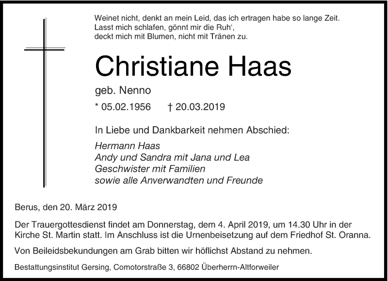  Traueranzeige für Christiane Haas vom 30.03.2019 aus saarbruecker_zeitung