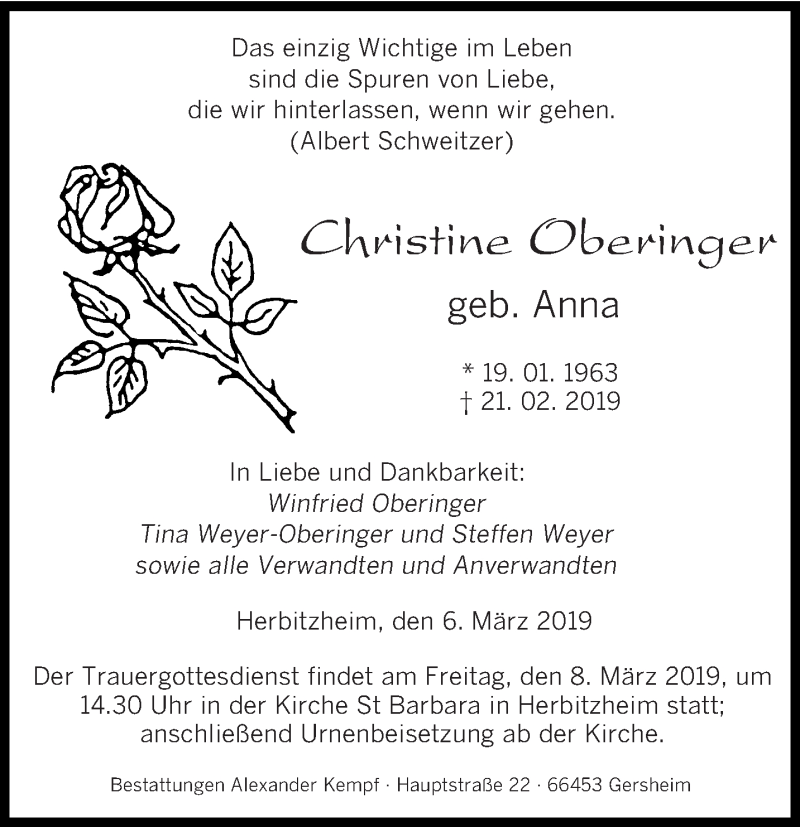  Traueranzeige für Christine Oberinger vom 06.03.2019 aus saarbruecker_zeitung