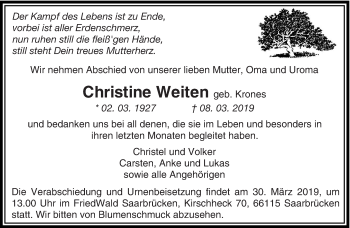 Traueranzeige von Christine Weiten von saarbruecker_zeitung