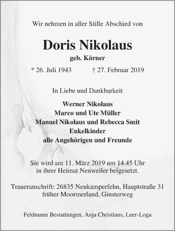 Traueranzeige von Doris Nikolaus von saarbruecker_zeitung