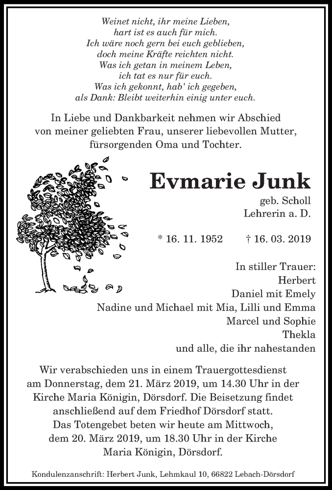  Traueranzeige für Evmarie Junk vom 20.03.2019 aus saarbruecker_zeitung