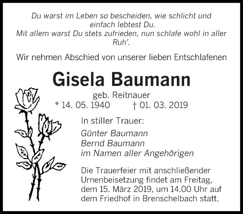  Traueranzeige für Gisela Baumann vom 13.03.2019 aus saarbruecker_zeitung