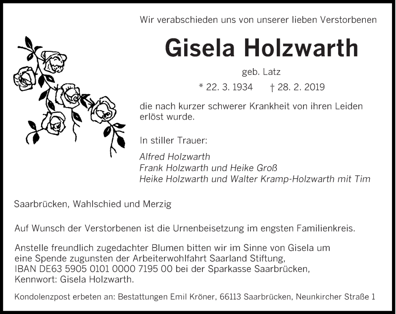  Traueranzeige für Gisela Holzwarth vom 09.03.2019 aus saarbruecker_zeitung