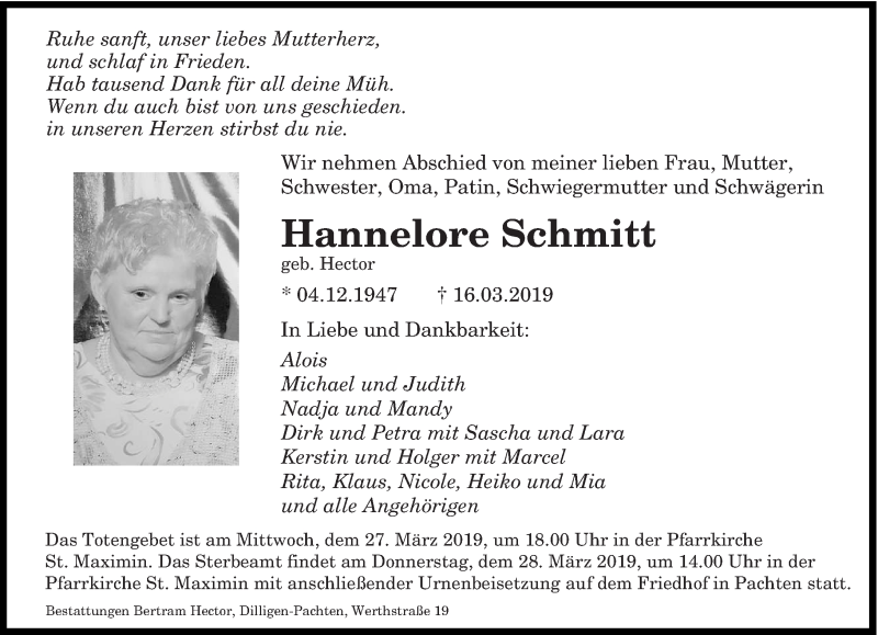  Traueranzeige für HAnnelore Schmitt vom 23.03.2019 aus saarbruecker_zeitung