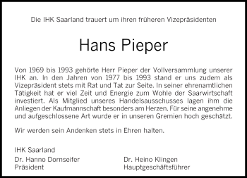 Traueranzeige von Hans Pieper von saarbruecker_zeitung