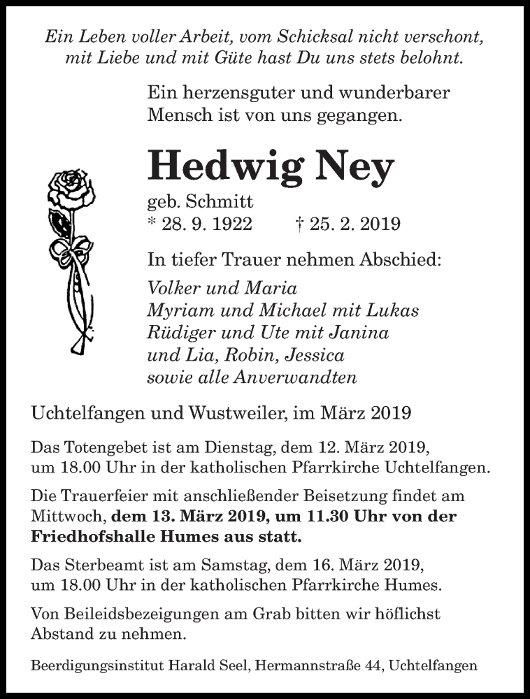  Traueranzeige für Hedwig Ney vom 09.03.2019 aus saarbruecker_zeitung