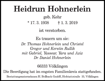 Traueranzeige von Heidrun Hohnerlein von saarbruecker_zeitung