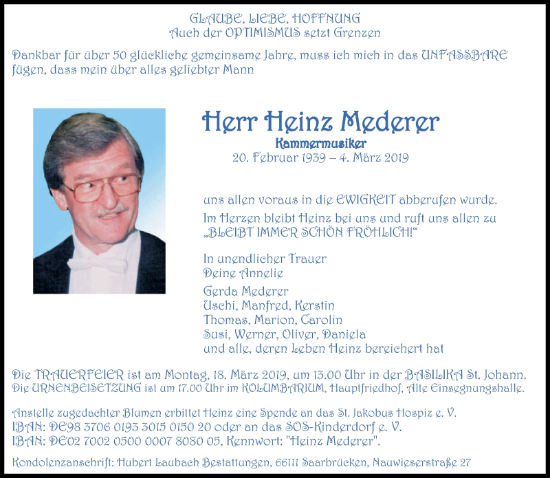  Traueranzeige für Heinz Mederer vom 09.03.2019 aus saarbruecker_zeitung