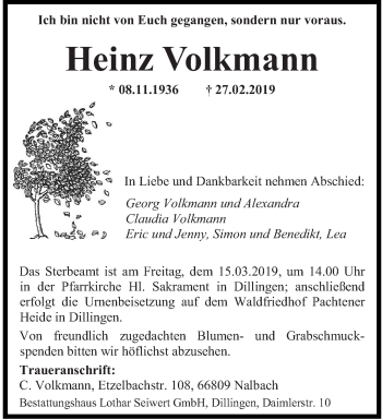 Traueranzeige von Heinz Volkmann von saarbruecker_zeitung