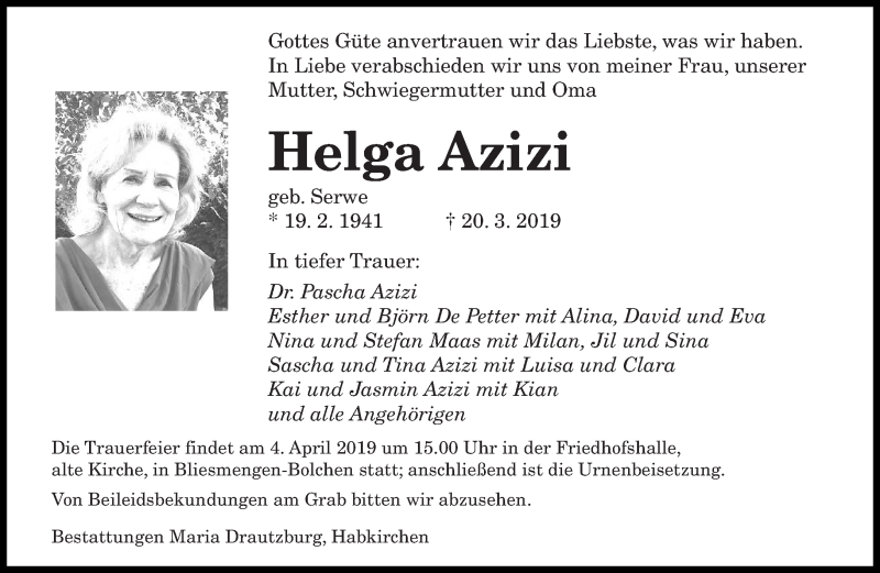  Traueranzeige für Helga Azizi vom 23.03.2019 aus saarbruecker_zeitung