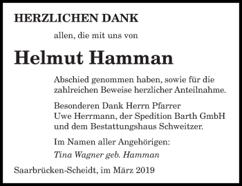 Traueranzeige von Helmut Hamman von saarbruecker_zeitung