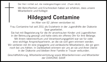 Traueranzeige von Hildegard Contamine von saarbruecker_zeitung