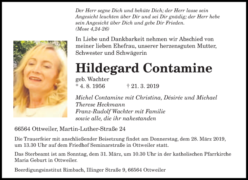 Traueranzeige für Hildegard Contamine vom 25.03.2019 aus saarbruecker_zeitung