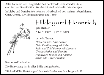 Traueranzeige von Hildegard Hennrich von saarbruecker_zeitung
