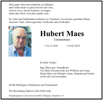 Traueranzeige von Hubert Maes von saarbruecker_zeitung