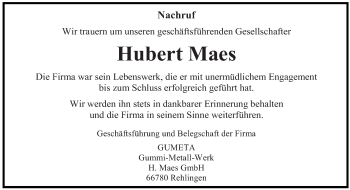 Traueranzeige von Hubert Maes von saarbruecker_zeitung