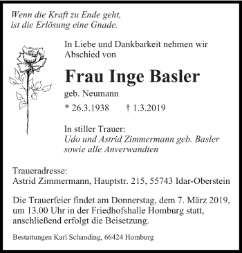 Traueranzeige von Inge Basler von saarbruecker_zeitung