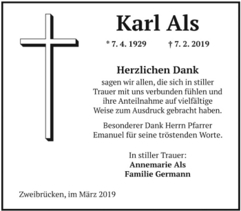 Traueranzeige von Karl Als von saarbruecker_zeitung