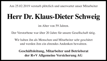 Traueranzeige von Klaus-Dieter Schweig von saarbruecker_zeitung