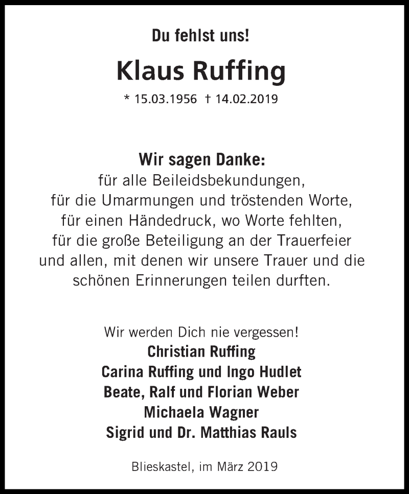  Traueranzeige für Klaus Ruffing vom 13.03.2019 aus saarbruecker_zeitung
