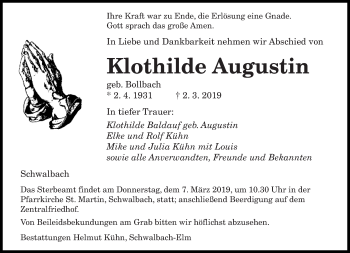 Traueranzeige von Klothilde Augustin von saarbruecker_zeitung