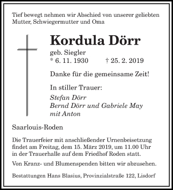 Traueranzeige von Kordula Dörr von saarbruecker_zeitung