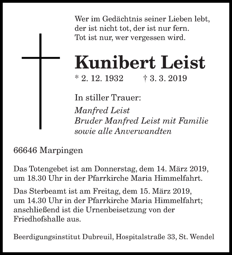  Traueranzeige für Kunibert Leist vom 09.03.2019 aus saarbruecker_zeitung