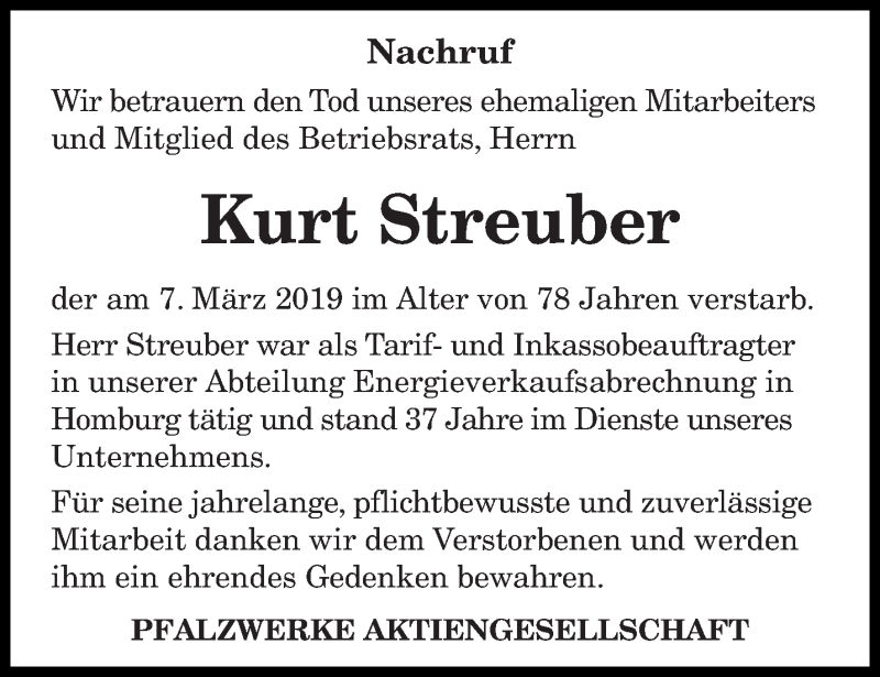  Traueranzeige für Kurt Streuber vom 09.03.2019 aus saarbruecker_zeitung