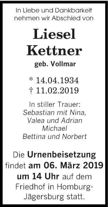 Traueranzeige von Liesel Kettner von saarbruecker_zeitung