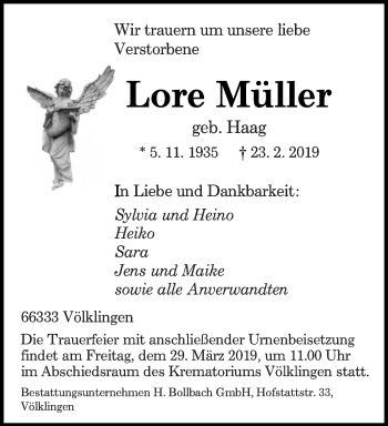 Traueranzeige von Lore Müller von saarbruecker_zeitung
