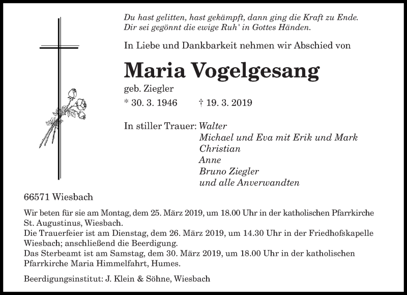  Traueranzeige für Maria Vogelgesang vom 23.03.2019 aus saarbruecker_zeitung