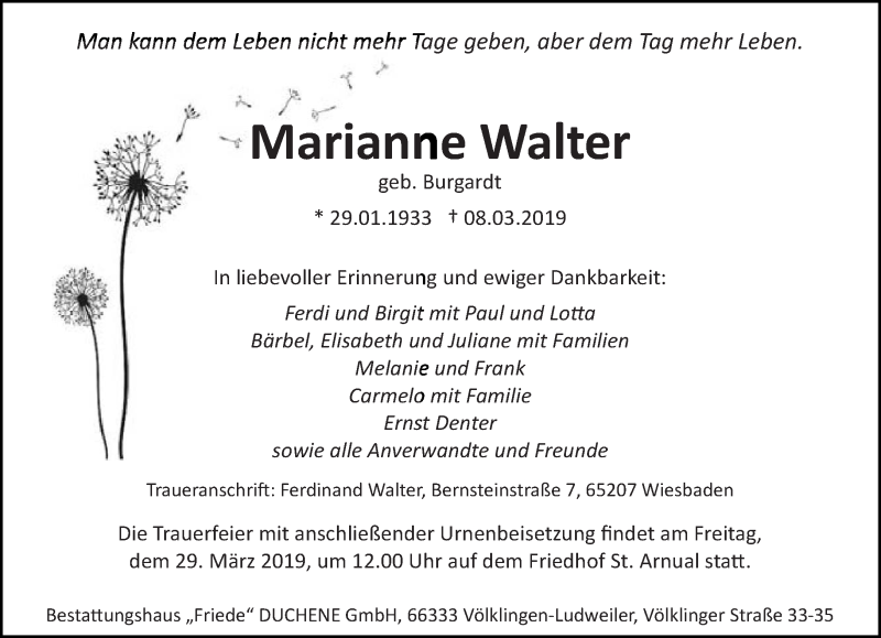  Traueranzeige für Marianne Walter vom 23.03.2019 aus saarbruecker_zeitung