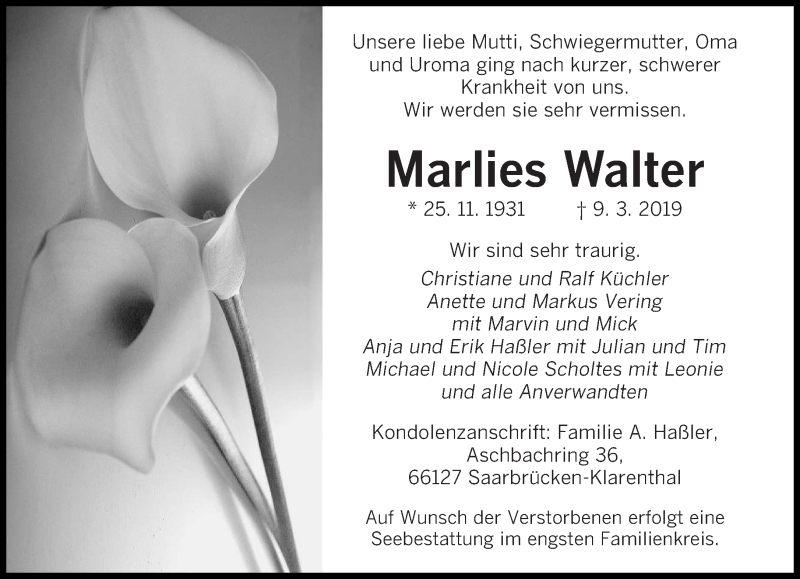  Traueranzeige für Marlies Walter vom 16.03.2019 aus saarbruecker_zeitung