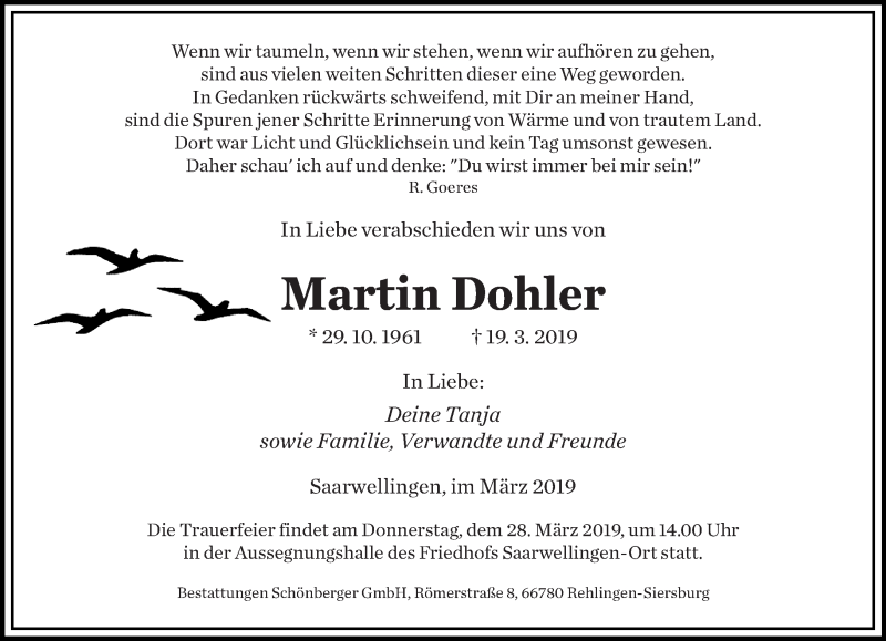  Traueranzeige für Martin Dohler vom 23.03.2019 aus saarbruecker_zeitung