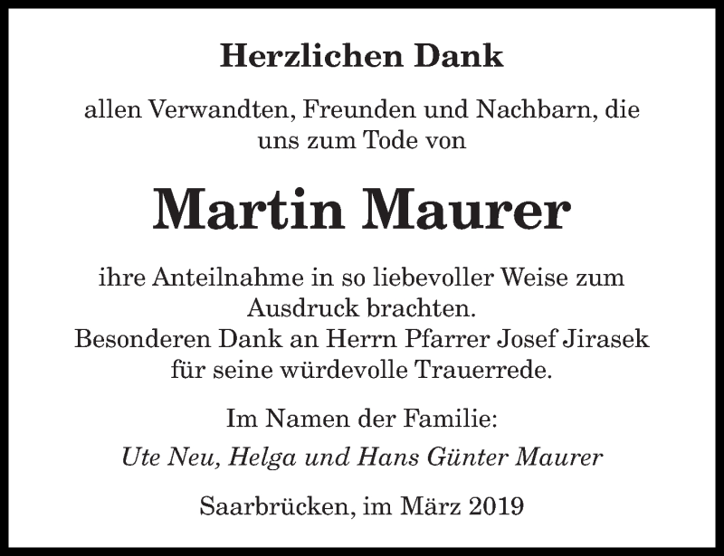  Traueranzeige für Martin Maurer vom 02.03.2019 aus saarbruecker_zeitung