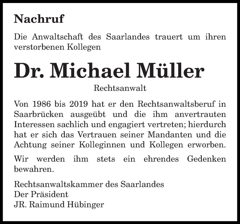  Traueranzeige für Michael Müller vom 02.03.2019 aus saarbruecker_zeitung