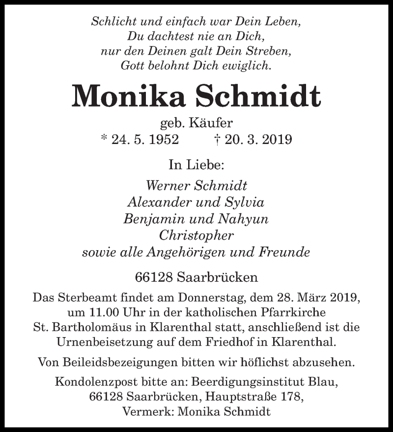  Traueranzeige für Monika Schmidt vom 25.03.2019 aus saarbruecker_zeitung