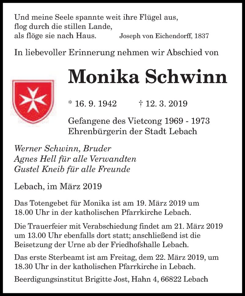  Traueranzeige für Monika Schwinn vom 16.03.2019 aus saarbruecker_zeitung