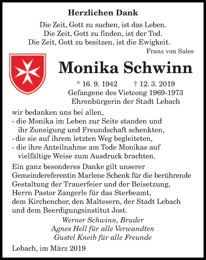  Traueranzeige für Monika Schwinn vom 30.03.2019 aus saarbruecker_zeitung