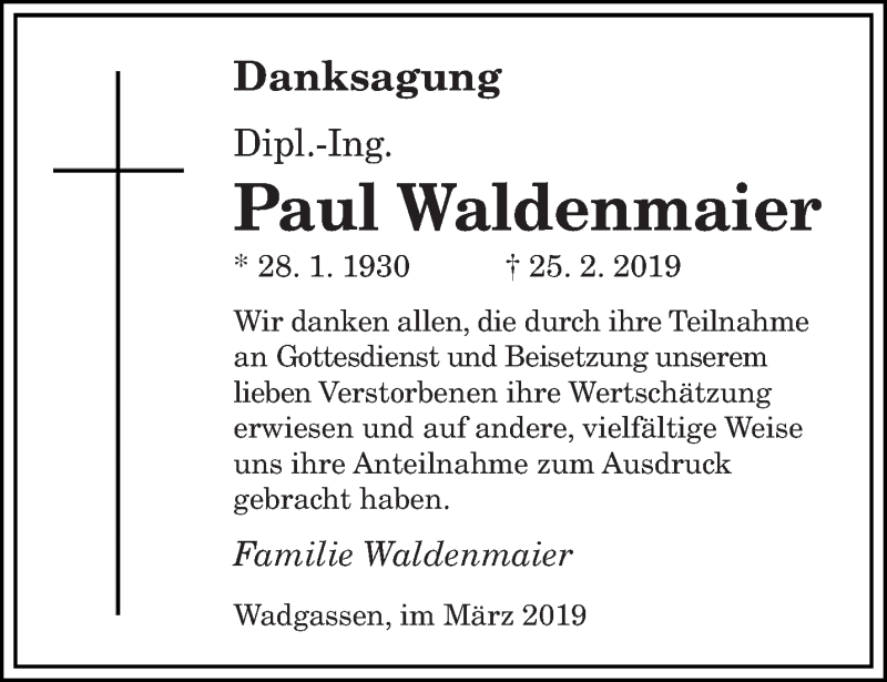  Traueranzeige für Paul Waldenmaier vom 16.03.2019 aus saarbruecker_zeitung